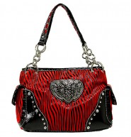 Animal Zebra Print Satchel Bags w/ 3-Heart Charm - Red - BG-112HZ-RD